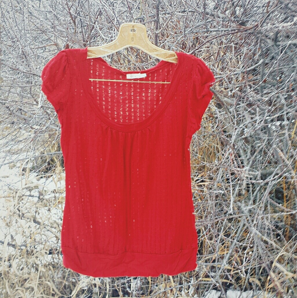 Red Lace-Knit Cap-Sleeved Top